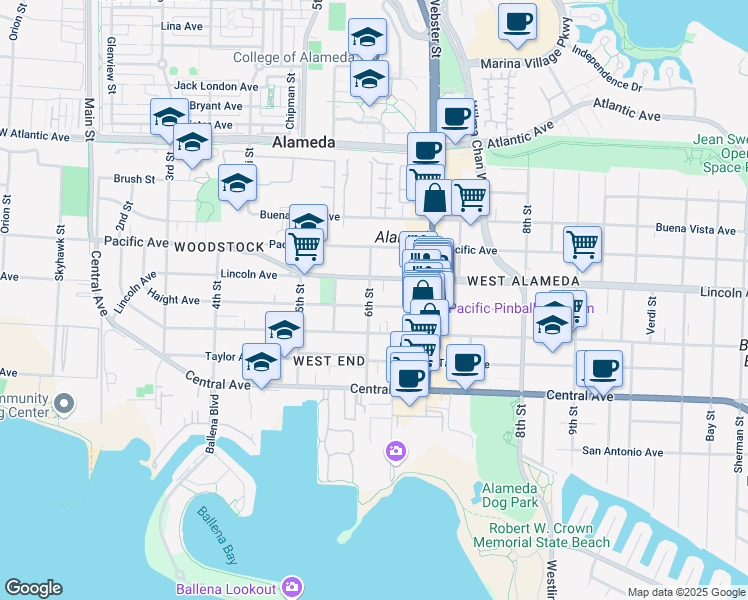 map of restaurants, bars, coffee shops, grocery stores, and more near 613 Haight Avenue in Alameda