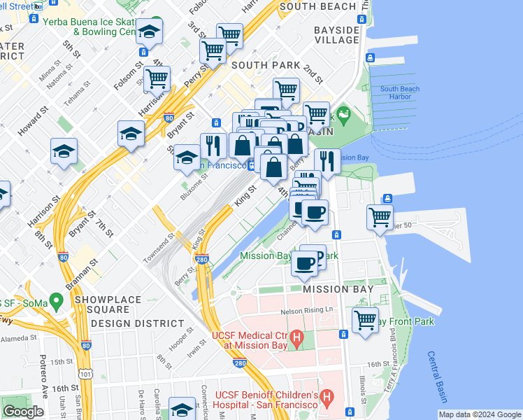 map of restaurants, bars, coffee shops, grocery stores, and more near 235 Berry Street in San Francisco