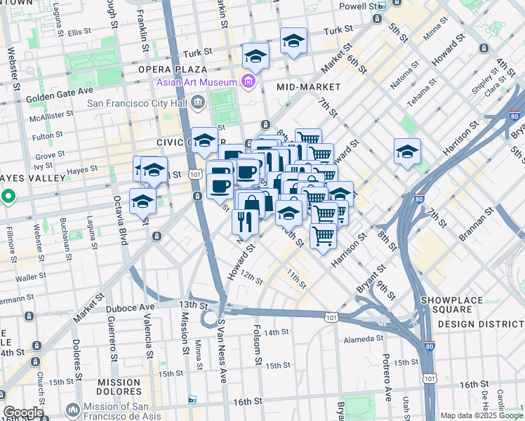 map of restaurants, bars, coffee shops, grocery stores, and more near 155 10th Street in San Francisco