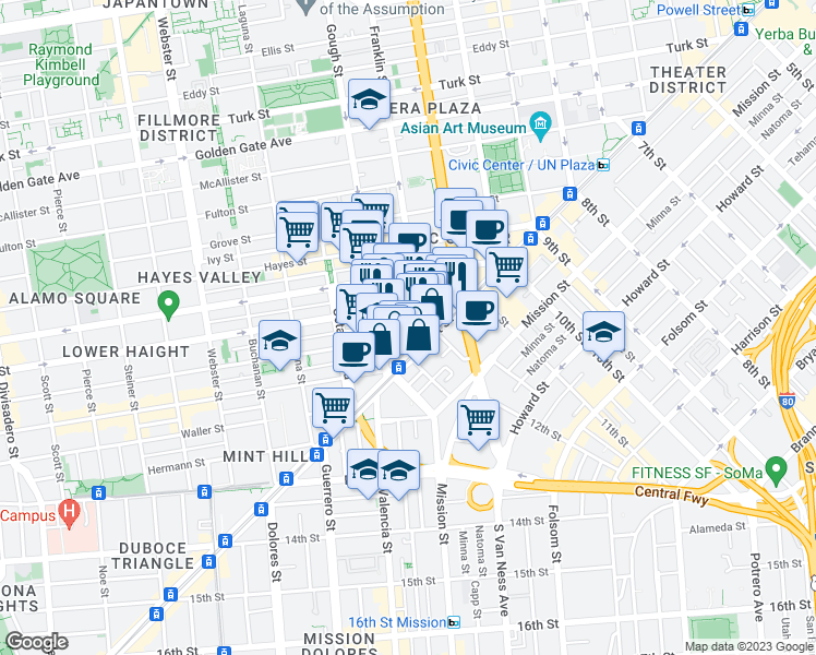 map of restaurants, bars, coffee shops, grocery stores, and more near in San Francisco