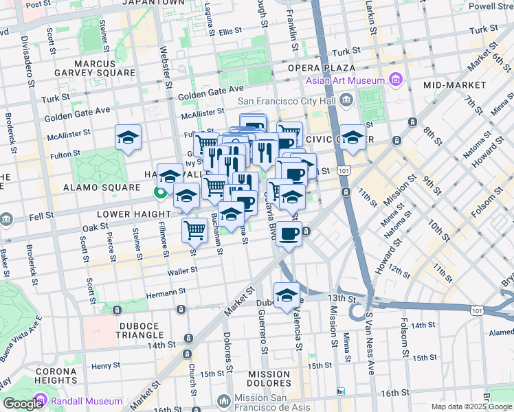 map of restaurants, bars, coffee shops, grocery stores, and more near 383 Oak Street in San Francisco