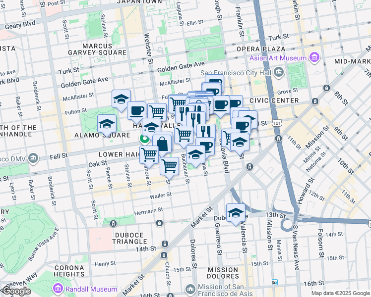 map of restaurants, bars, coffee shops, grocery stores, and more near in San Francisco