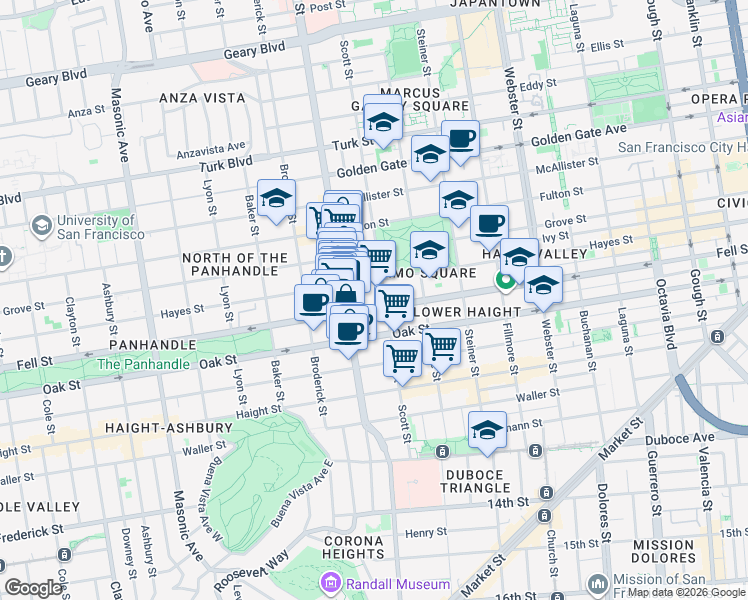 map of restaurants, bars, coffee shops, grocery stores, and more near 503 Scott Street in San Francisco