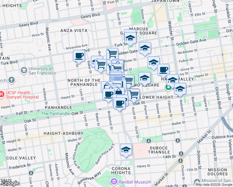 map of restaurants, bars, coffee shops, grocery stores, and more near 528 Divisadero Street in San Francisco