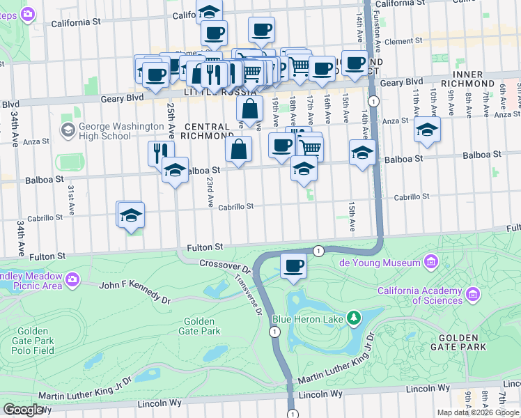 map of restaurants, bars, coffee shops, grocery stores, and more near 1925 Cabrillo Street in San Francisco