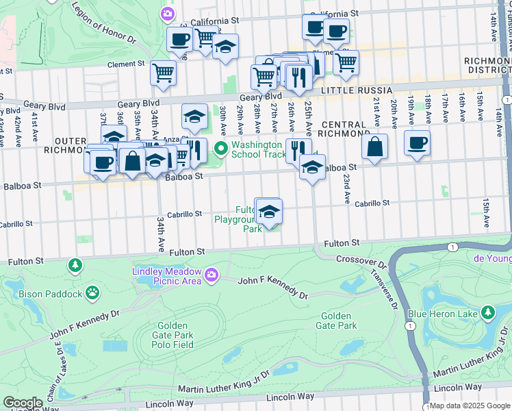 map of restaurants, bars, coffee shops, grocery stores, and more near 2750 Cabrillo Street in San Francisco