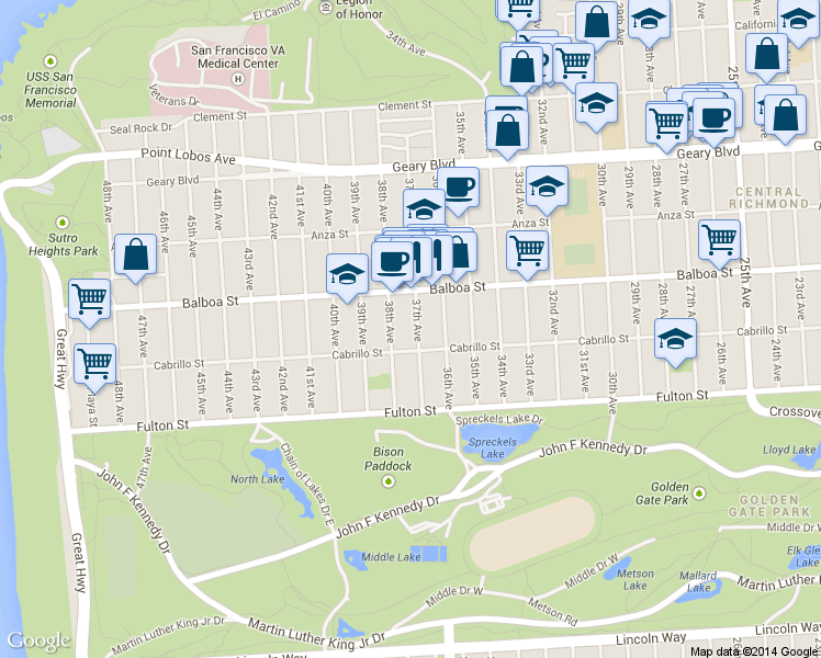 map of restaurants, bars, coffee shops, grocery stores, and more near 765 37th Avenue in San Francisco