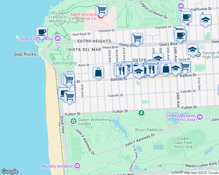 map of restaurants, bars, coffee shops, grocery stores, and more near 748 43rd Avenue in San Francisco
