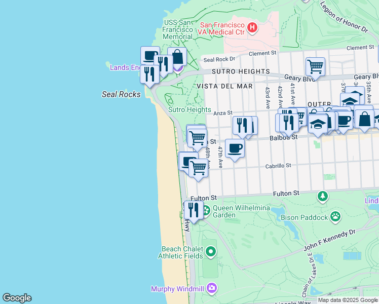 map of restaurants, bars, coffee shops, grocery stores, and more near 730 A Great Highway in San Francisco