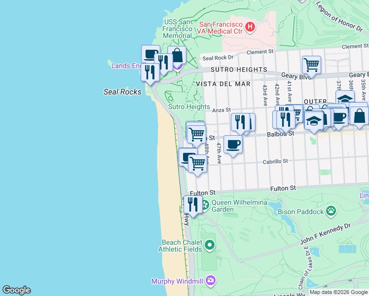 map of restaurants, bars, coffee shops, grocery stores, and more near 730 A Great Highway in San Francisco