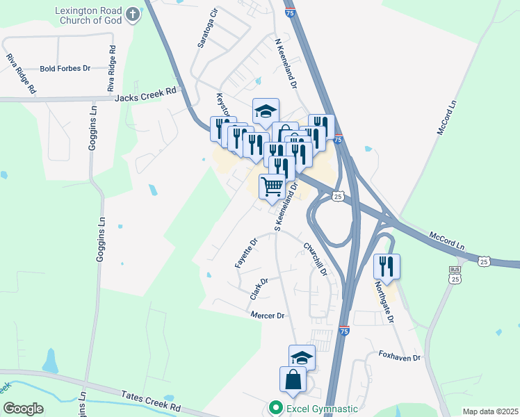map of restaurants, bars, coffee shops, grocery stores, and more near 128 South Keeneland Drive in Richmond