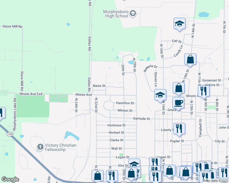 map of restaurants, bars, coffee shops, grocery stores, and more near 2012 Illinois Avenue in Murphysboro