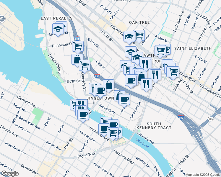 map of restaurants, bars, coffee shops, grocery stores, and more near 2852 East 7th Street in Oakland