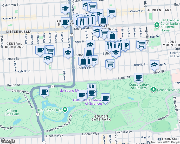 map of restaurants, bars, coffee shops, grocery stores, and more near 730 11th Avenue in San Francisco