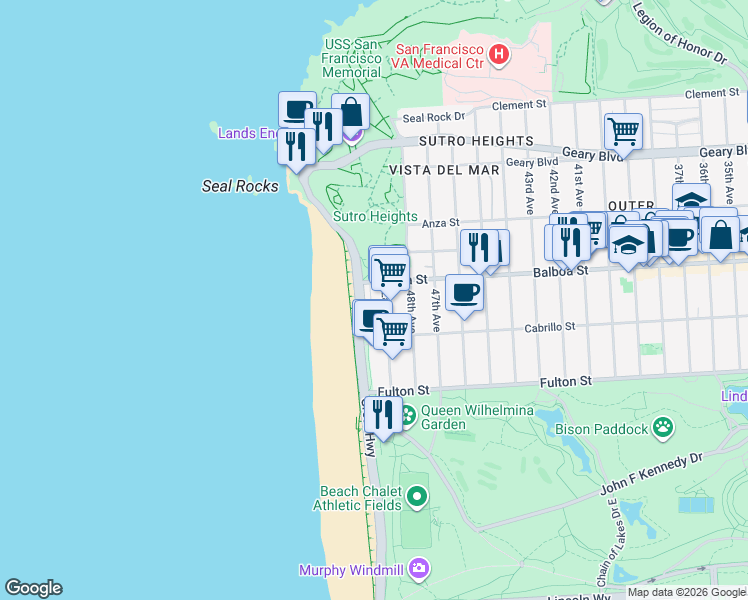 map of restaurants, bars, coffee shops, grocery stores, and more near 736 Great Highway in San Francisco