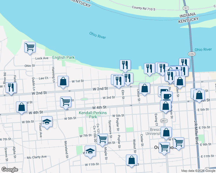 map of restaurants, bars, coffee shops, grocery stores, and more near 925 West 2nd Street in Owensboro