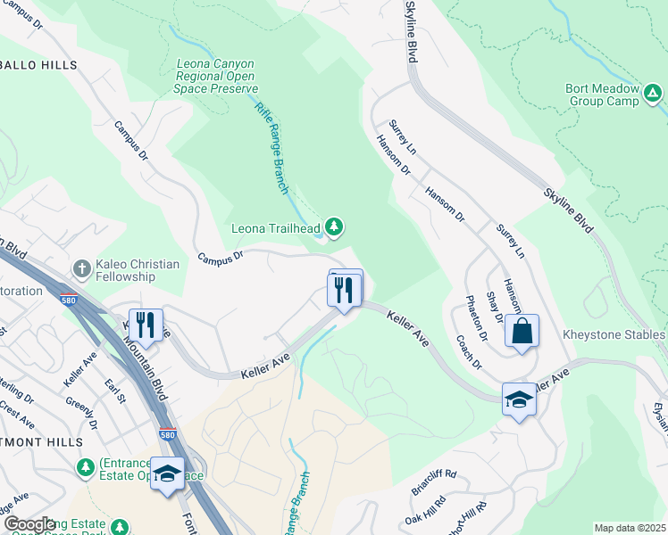 map of restaurants, bars, coffee shops, grocery stores, and more near 635 Canyon Oaks Drive in Oakland
