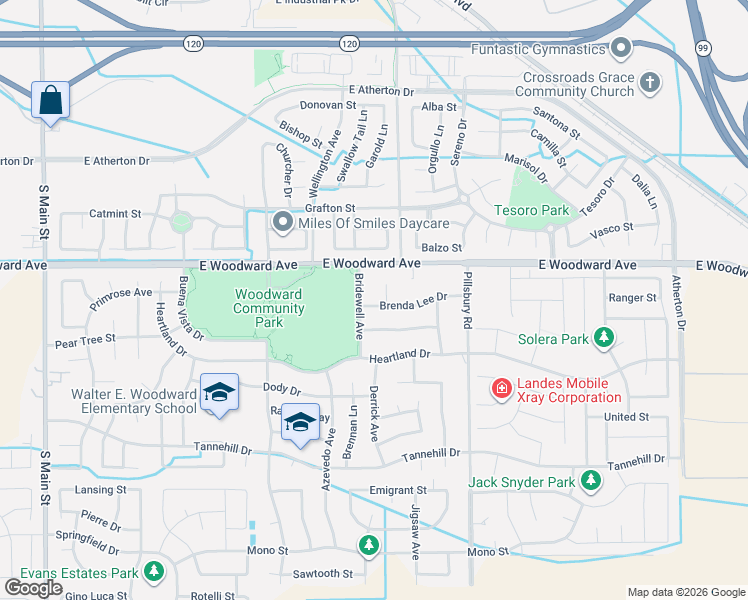 map of restaurants, bars, coffee shops, grocery stores, and more near 935 Brenda Lee Drive in Manteca