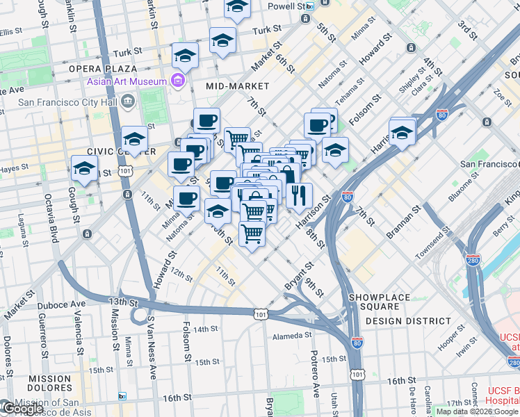map of restaurants, bars, coffee shops, grocery stores, and more near in San Francisco