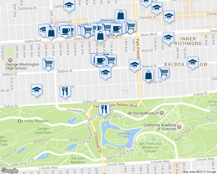 map of restaurants, bars, coffee shops, grocery stores, and more near 710 18th Ave in San Francisco
