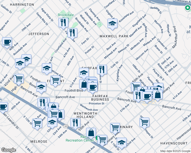 map of restaurants, bars, coffee shops, grocery stores, and more near 5140 Fairfax Avenue in Oakland