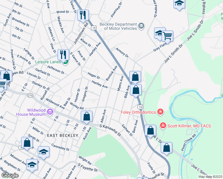 map of restaurants, bars, coffee shops, grocery stores, and more near 228 Allen Ave in Beckley