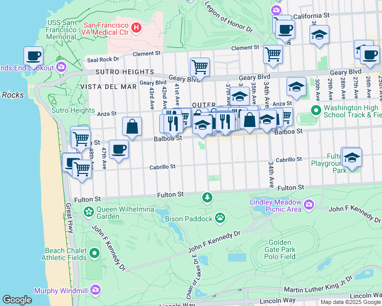 map of restaurants, bars, coffee shops, grocery stores, and more near 755 40th Avenue in San Francisco