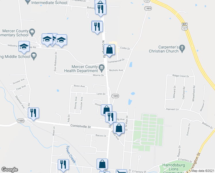 map of restaurants, bars, coffee shops, grocery stores, and more near 828 North College Street in Harrodsburg