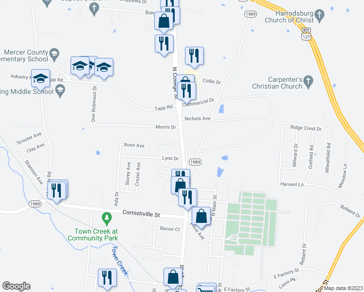 map of restaurants, bars, coffee shops, grocery stores, and more near 830 North College Street in Harrodsburg