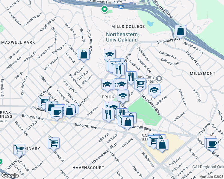 map of restaurants, bars, coffee shops, grocery stores, and more near 3101 61st Avenue in Oakland