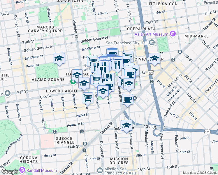 map of restaurants, bars, coffee shops, grocery stores, and more near 383 Oak Street in San Francisco