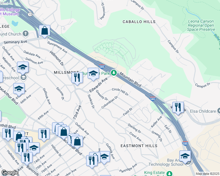 map of restaurants, bars, coffee shops, grocery stores, and more near 7400 Circle Hill Drive in Oakland