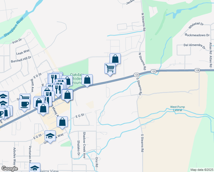 map of restaurants, bars, coffee shops, grocery stores, and more near 1931 East F Street in Oakdale