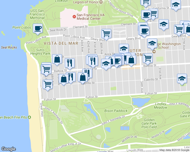 map of restaurants, bars, coffee shops, grocery stores, and more near 751 41st Avenue in San Francisco