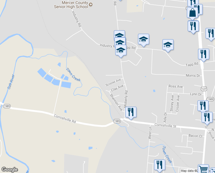 map of restaurants, bars, coffee shops, grocery stores, and more near 880 Scooter Avenue in Harrodsburg
