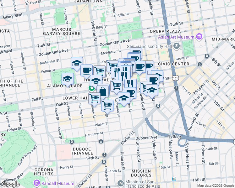map of restaurants, bars, coffee shops, grocery stores, and more near in San Francisco