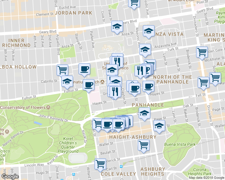 map of restaurants, bars, coffee shops, grocery stores, and more near 52 Cole Street in San Francisco