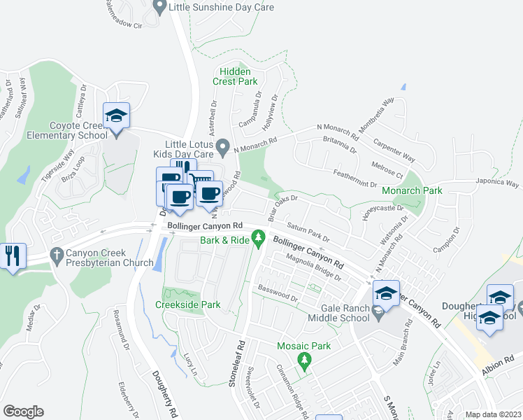 map of restaurants, bars, coffee shops, grocery stores, and more near 9843 Belladonna Drive in San Ramon