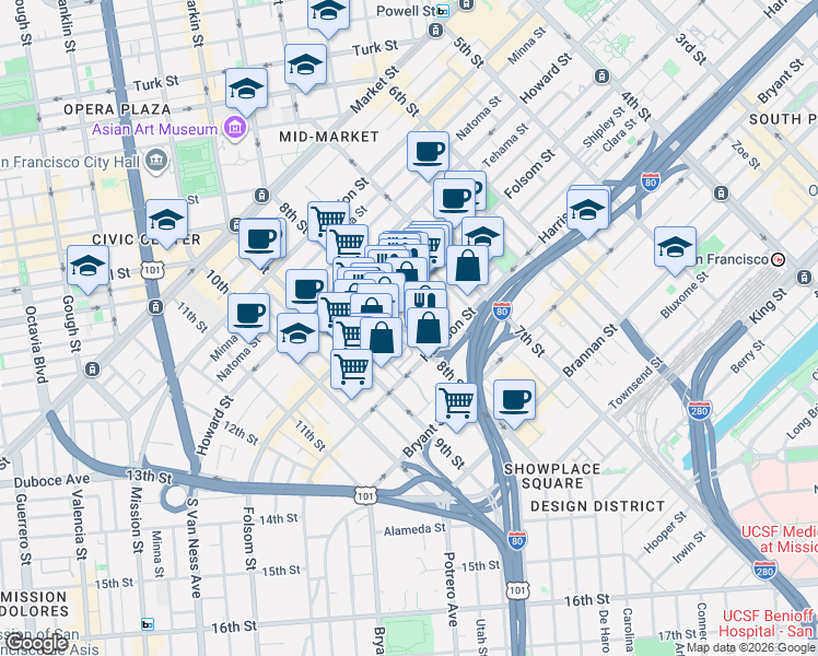 map of restaurants, bars, coffee shops, grocery stores, and more near 1210 Harrison Street in San Francisco