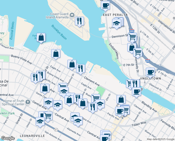 map of restaurants, bars, coffee shops, grocery stores, and more near 2256 Stanford Street in Alameda