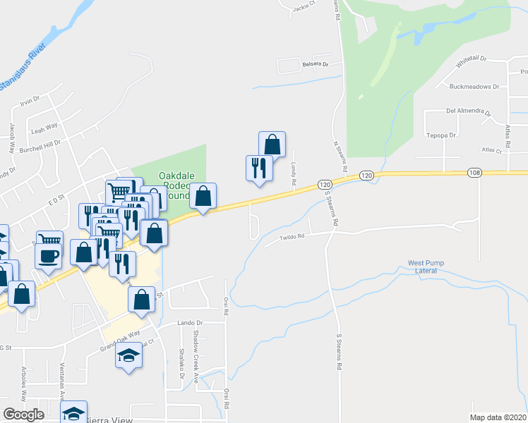 map of restaurants, bars, coffee shops, grocery stores, and more near 2001 East F Street in Oakdale