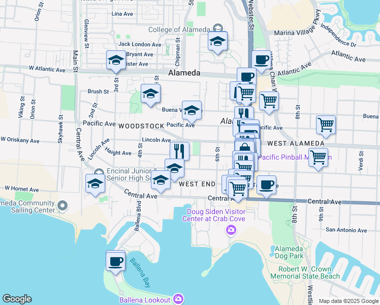 map of restaurants, bars, coffee shops, grocery stores, and more near 511 Haight Avenue in Alameda