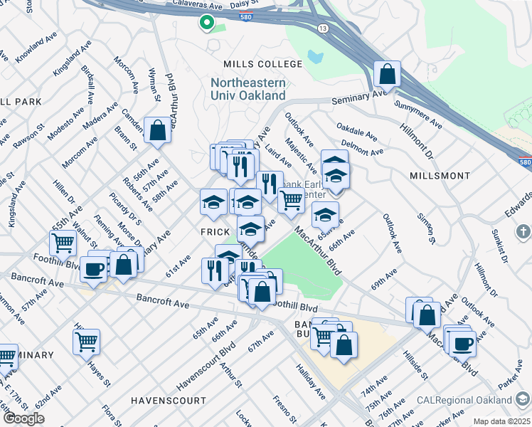 map of restaurants, bars, coffee shops, grocery stores, and more near 3240 62nd Avenue in Oakland