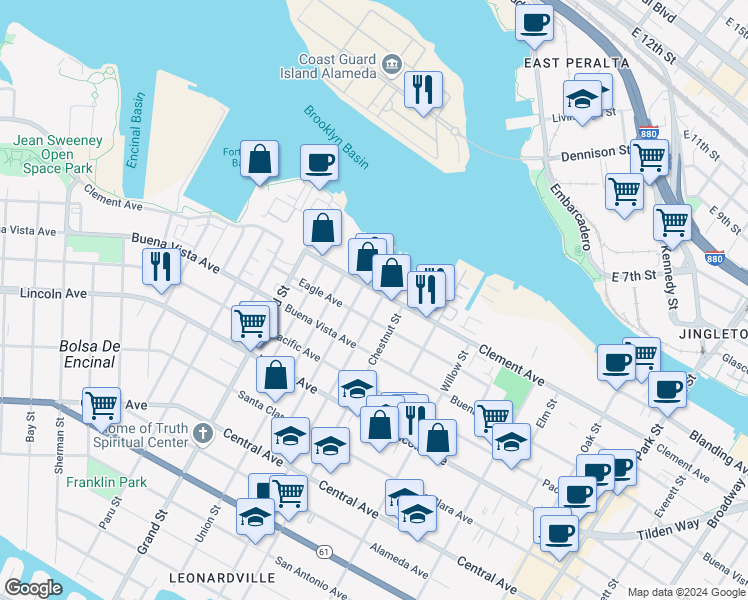 map of restaurants, bars, coffee shops, grocery stores, and more near 1921 Lafayette Street in Alameda