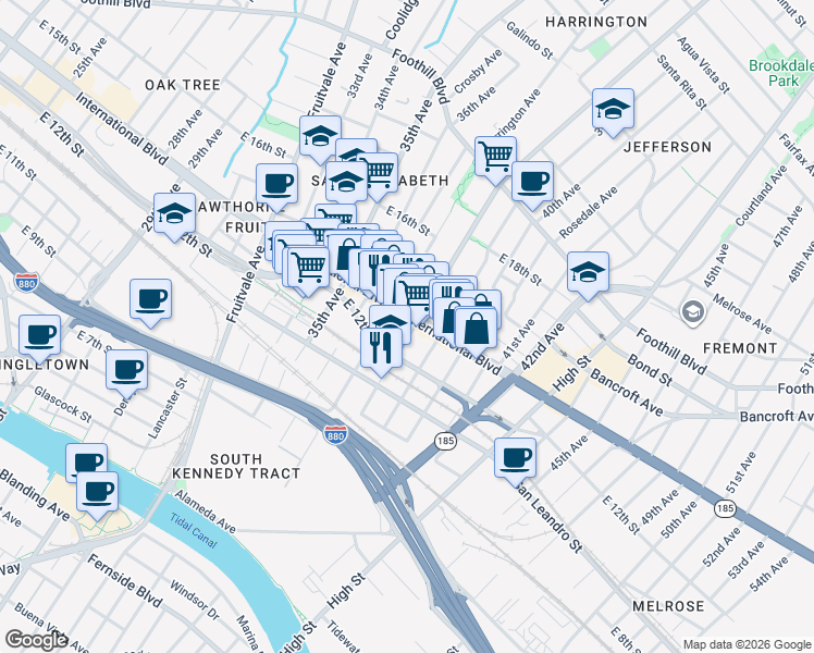 map of restaurants, bars, coffee shops, grocery stores, and more near 3811 International Boulevard in Oakland