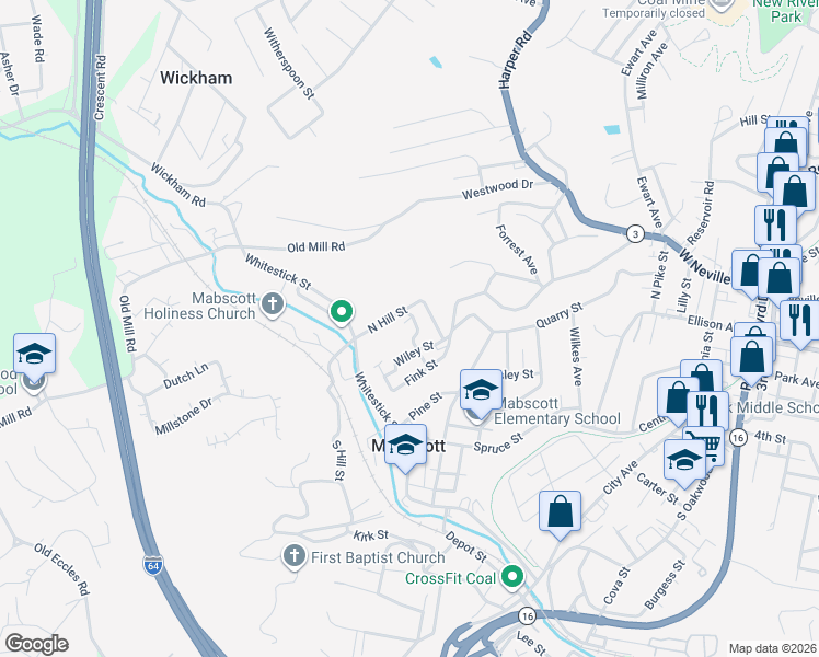 map of restaurants, bars, coffee shops, grocery stores, and more near 105 Loflin Street in Beckley