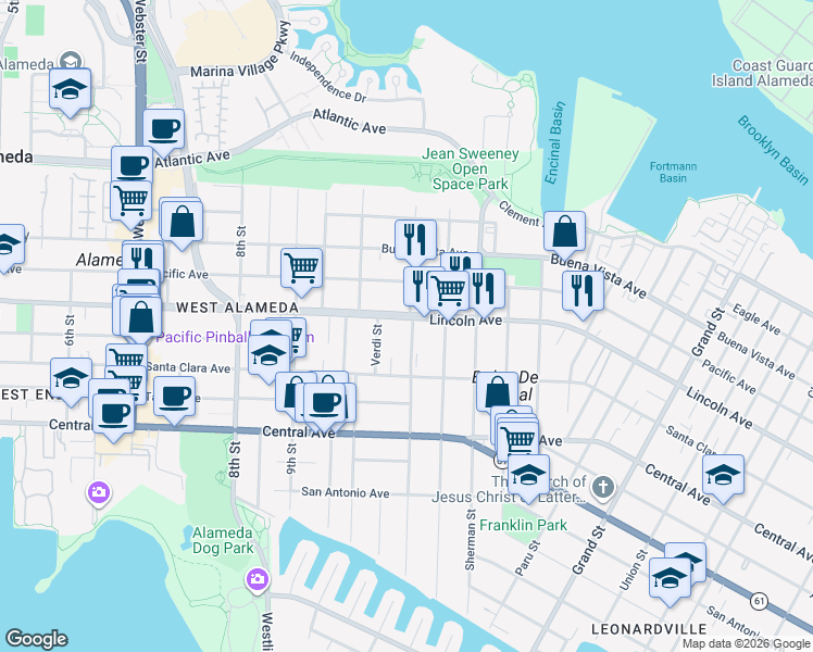 map of restaurants, bars, coffee shops, grocery stores, and more near 1038 Lincoln Avenue in Alameda