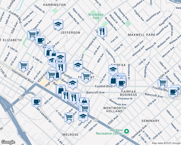 map of restaurants, bars, coffee shops, grocery stores, and more near 2033 48th Avenue in Oakland