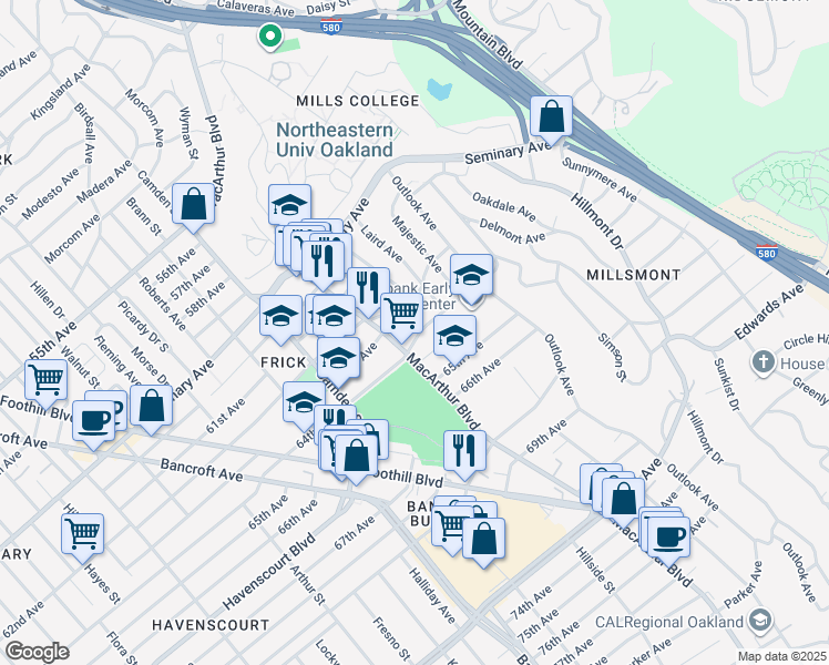 map of restaurants, bars, coffee shops, grocery stores, and more near 6321 Monadnock Way in Oakland
