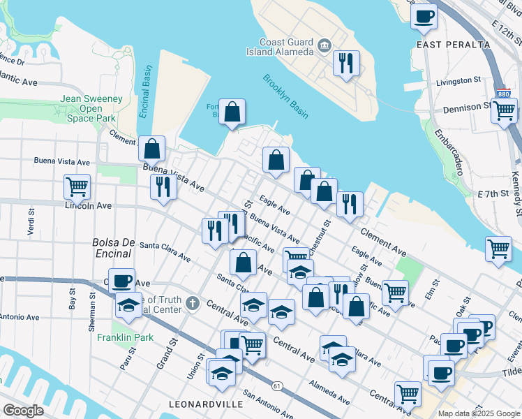 map of restaurants, bars, coffee shops, grocery stores, and more near 1819 Minturn Street in Alameda